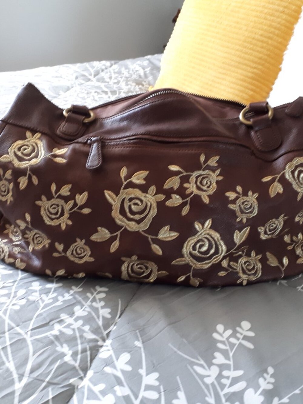 Gorgeous Brown Leather Large Bag - Has golden embroidered roses front and back